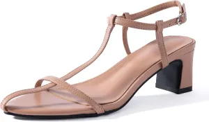 N.N.G Women Pointed Toe Ankle Strap Sandals, Low Block Heel, Black Nude Leather, 2 Inch Heel