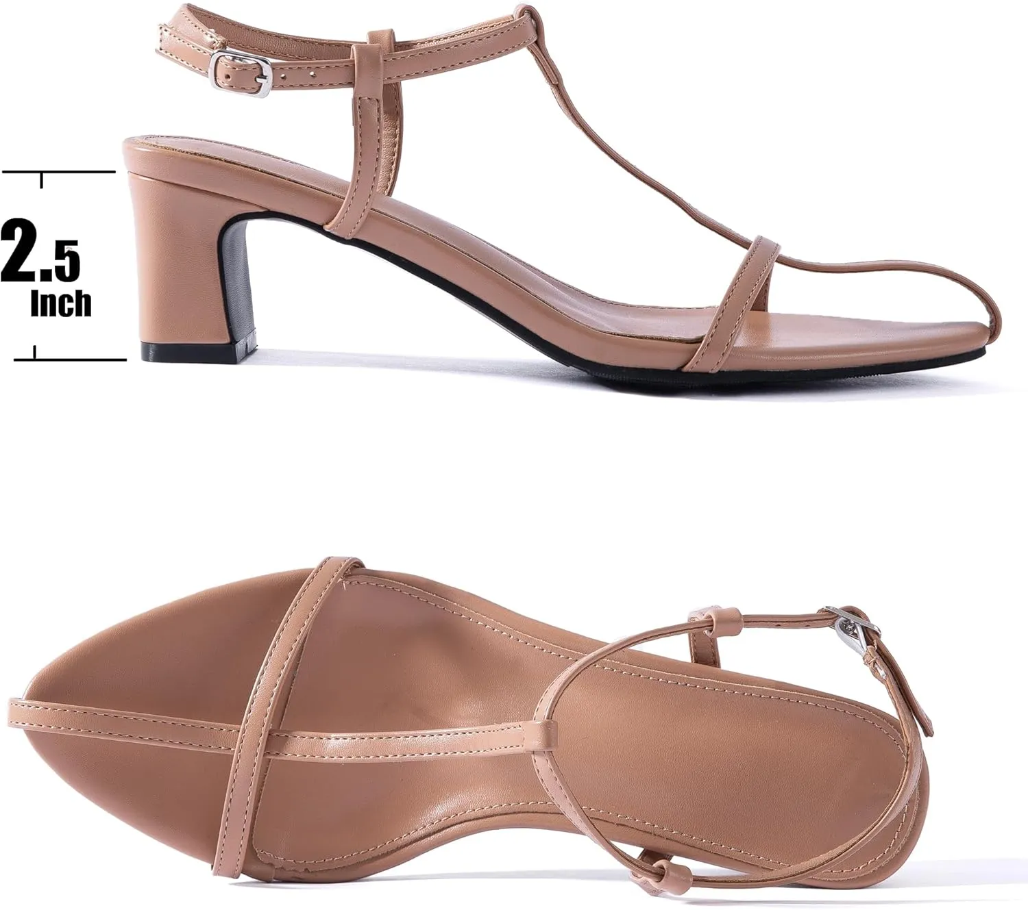 N.N.G Women Pointed Toe Ankle Strap Sandals, Low Block Heel, Black Nude Leather, 2 Inch Heel