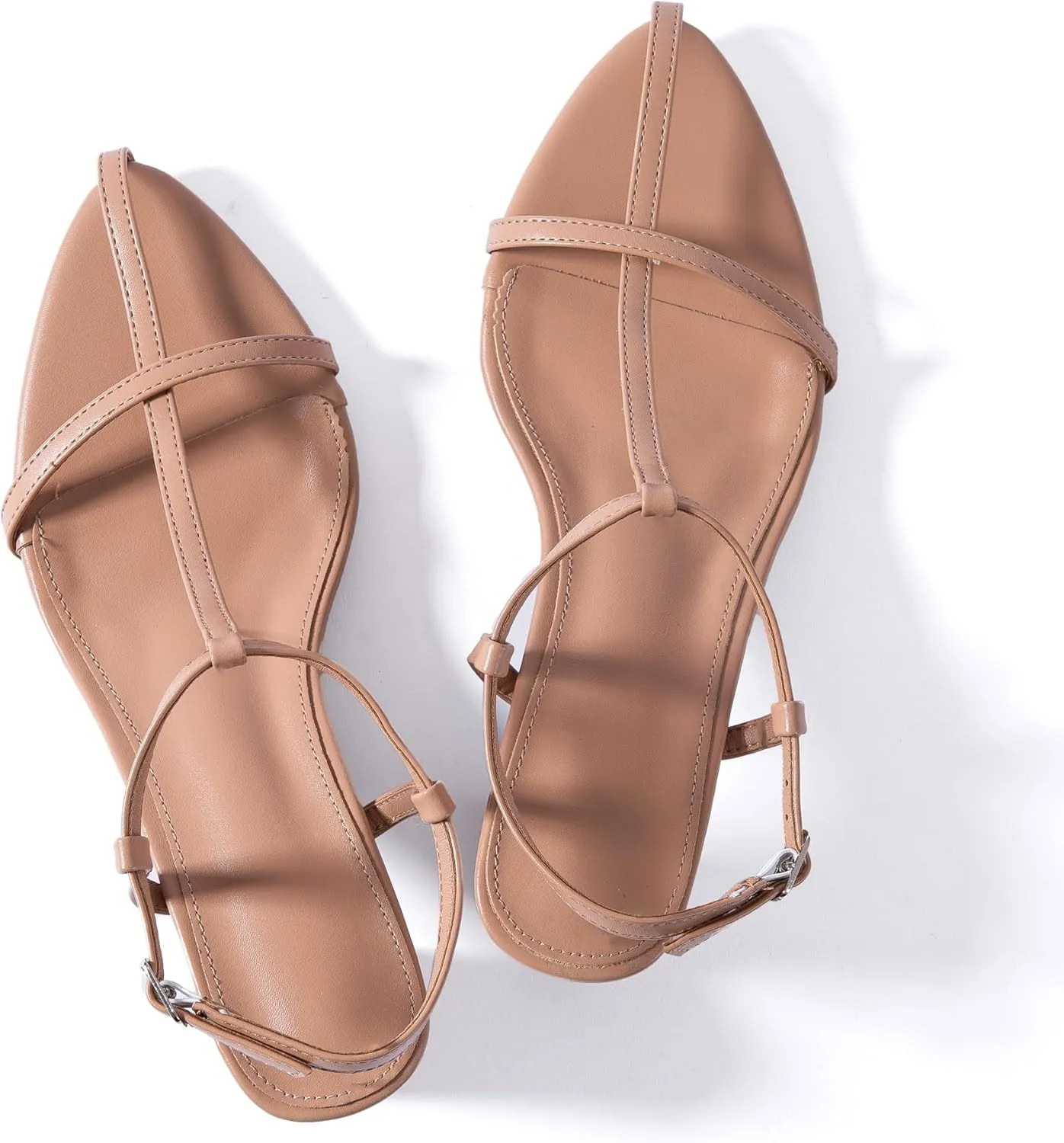 N.N.G Women Pointed Toe Ankle Strap Sandals, Low Block Heel, Black Nude Leather, 2 Inch Heel
