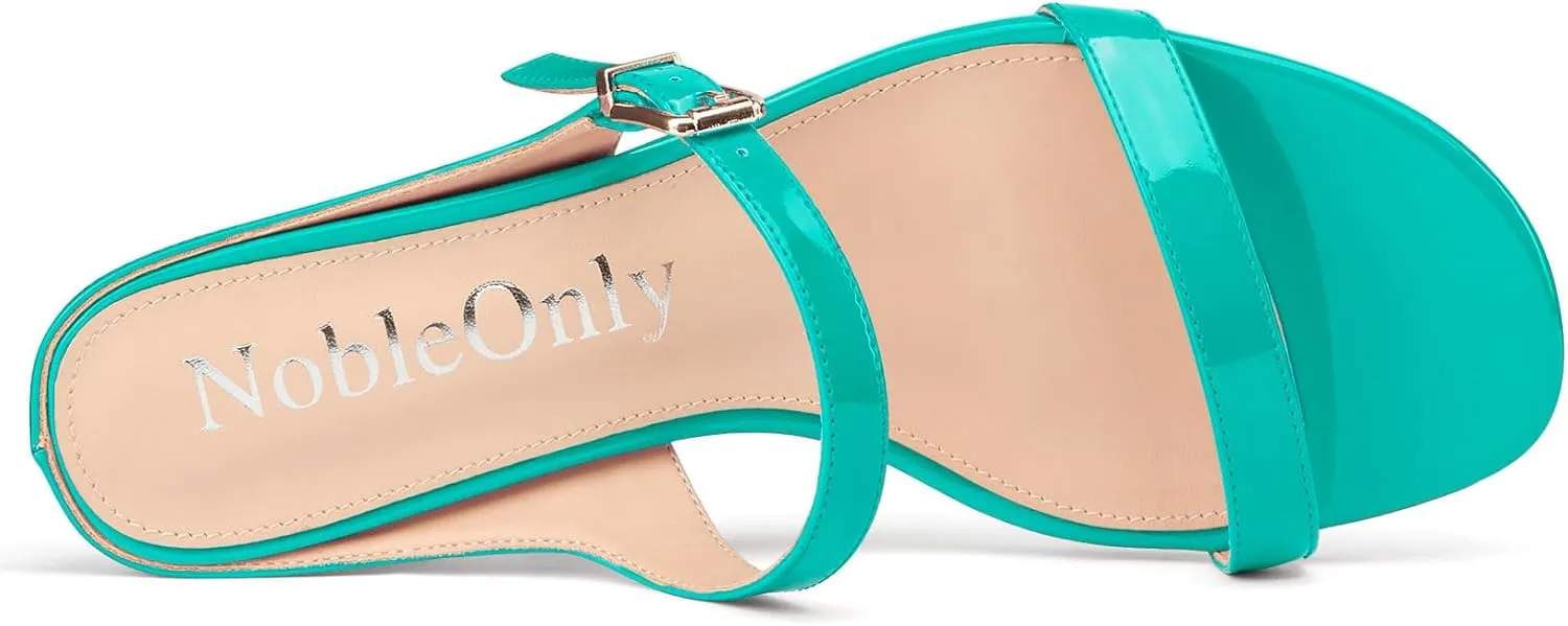 NobleOnly Two Strap Heeled Sandals for Women Kitten Heels Buckle Dress Office Prom Open Toe Slip-on Sandals 1.4 Inches Heels