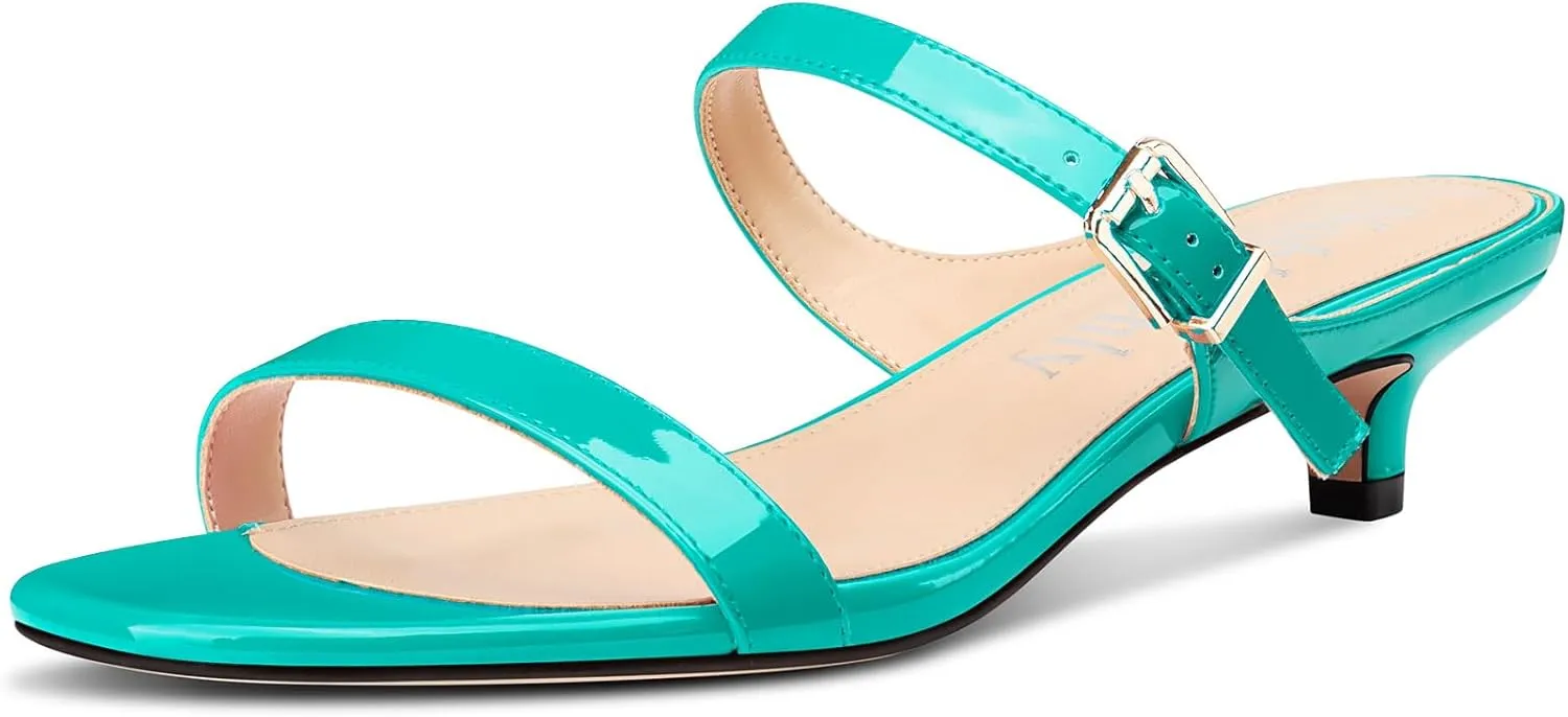 NobleOnly Two Strap Heeled Sandals for Women Kitten Heels Buckle Dress Office Prom Open Toe Slip-on Sandals 1.4 Inches Heels