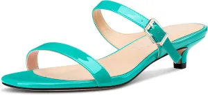 NobleOnly Two Strap Heeled Sandals for Women Kitten Heels Buckle Dress Office Prom Open Toe Slip-on Sandals 1.4 Inches Heels