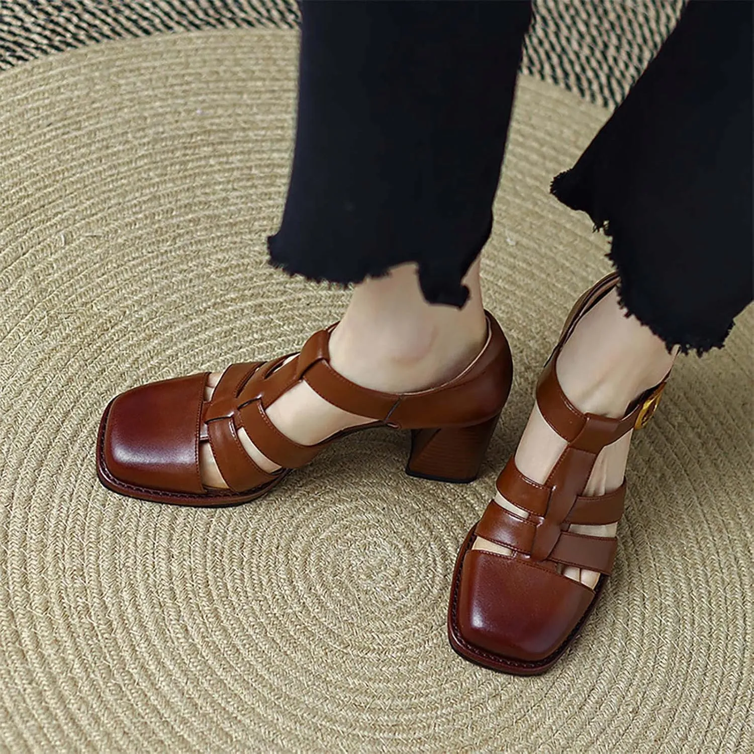 Non Slip Sandals for Women Women's High Heel Shoes Fashion Literary Retro Hollow Roman Shoes PU Leather Chunky Heeled Sandals Teachers College Student Shoe (Brown, 7.5)