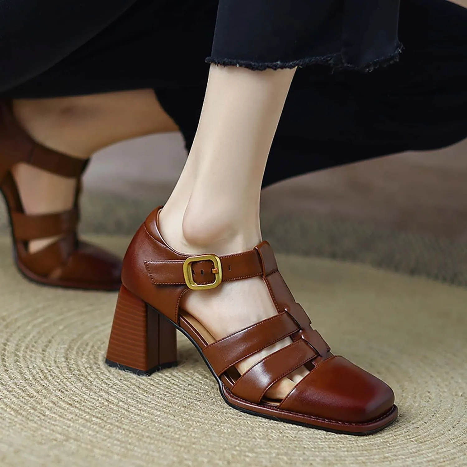 Non Slip Sandals for Women Women's High Heel Shoes Fashion Literary Retro Hollow Roman Shoes PU Leather Chunky Heeled Sandals Teachers College Student Shoe (Brown, 7.5)