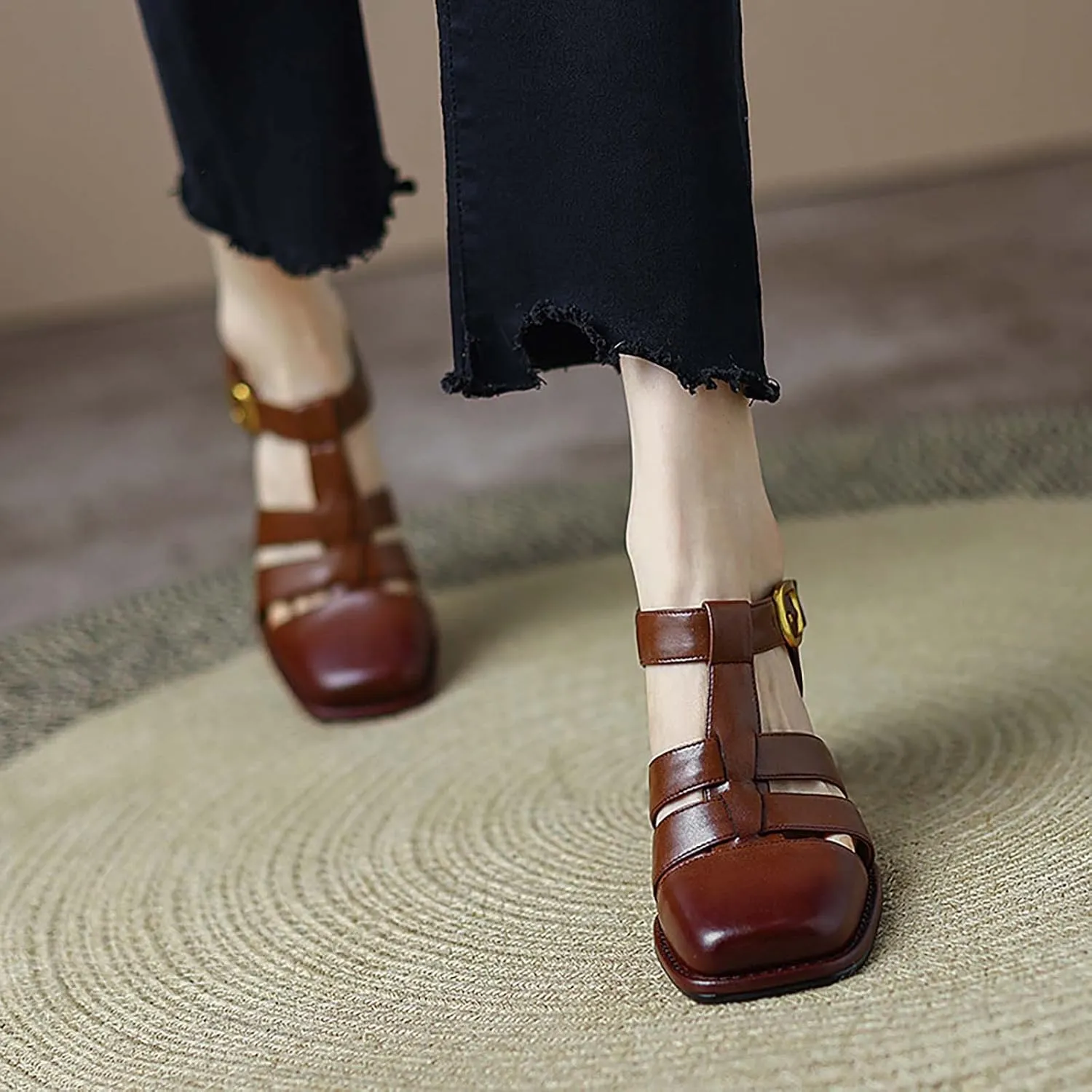 Non Slip Sandals for Women Women's High Heel Shoes Fashion Literary Retro Hollow Roman Shoes PU Leather Chunky Heeled Sandals Teachers College Student Shoe (Brown, 7.5)