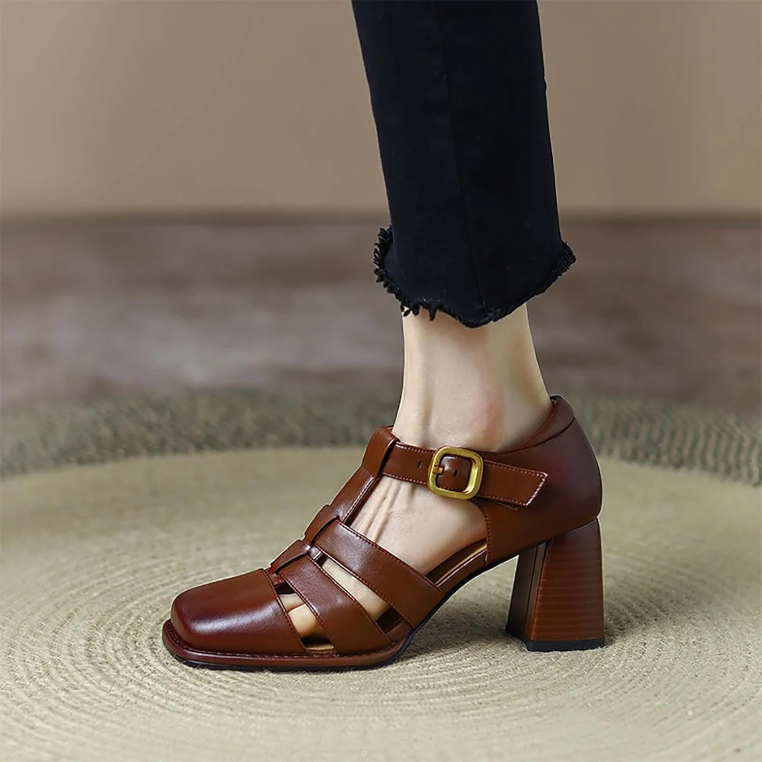 Non Slip Sandals for Women Women's High Heel Shoes Fashion Literary Retro Hollow Roman Shoes PU Leather Chunky Heeled Sandals Teachers College Student Shoe (Brown, 7.5)