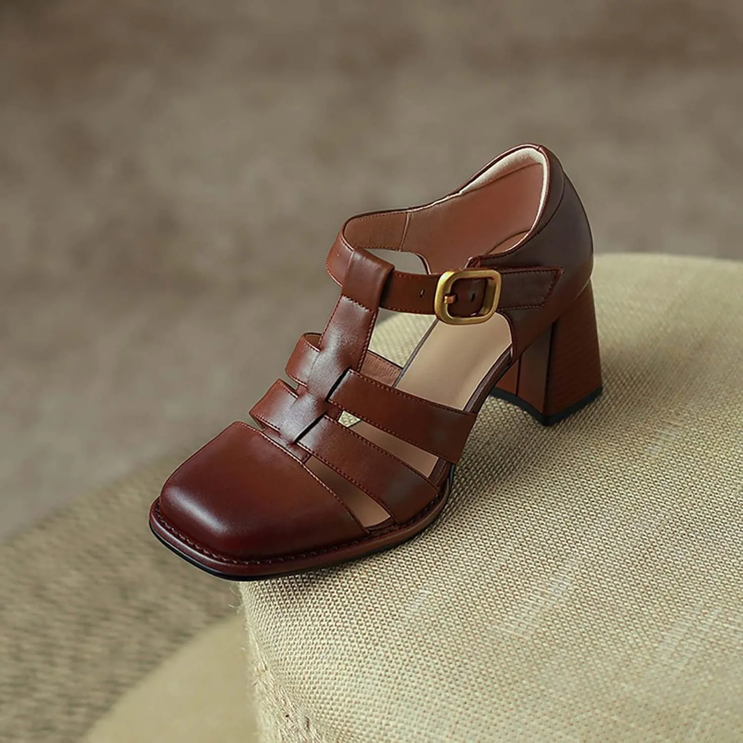 Non Slip Sandals for Women Women's High Heel Shoes Fashion Literary Retro Hollow Roman Shoes PU Leather Chunky Heeled Sandals Teachers College Student Shoe (Brown, 7.5)