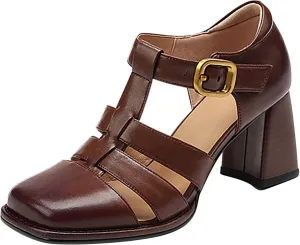 Non Slip Sandals for Women Women's High Heel Shoes Fashion Literary Retro Hollow Roman Shoes PU Leather Chunky Heeled Sandals Teachers College Student Shoe (Brown, 7.5)