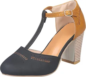 oiangi Chunky Heel Sandals for Women Summer Casual Fashion T Strap Cap Toe Hollow Buckle High-heeled Shoes Trendy Color Block Office Square Heel Sandals