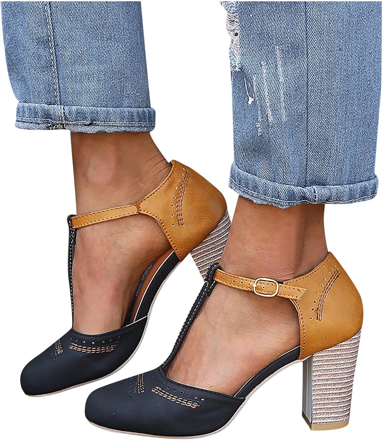 oiangi Chunky Heel Sandals for Women Summer Casual Fashion T Strap Cap Toe Hollow Buckle High-heeled Shoes Trendy Color Block Office Square Heel Sandals