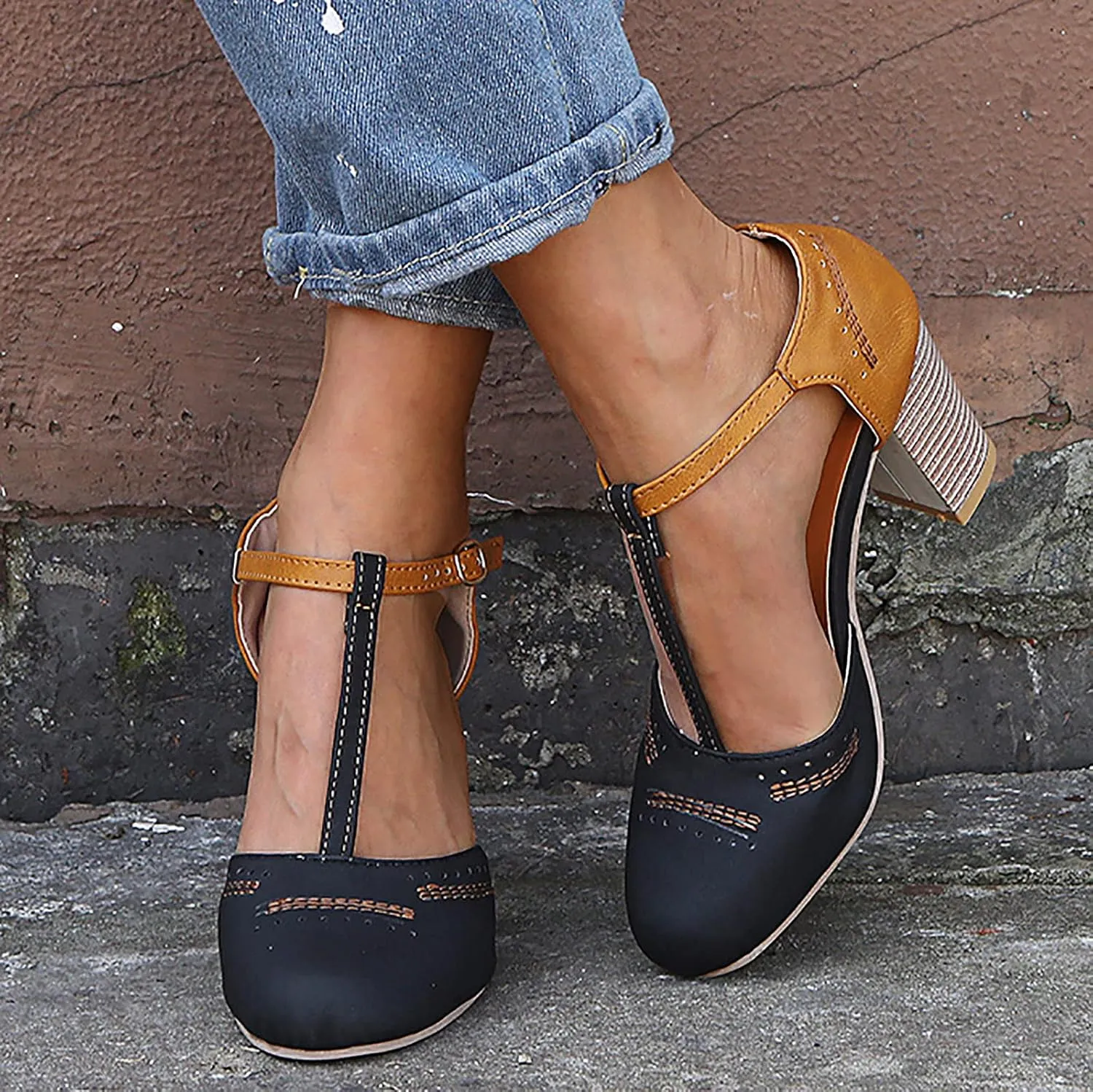 oiangi Chunky Heel Sandals for Women Summer Casual Fashion T Strap Cap Toe Hollow Buckle High-heeled Shoes Trendy Color Block Office Square Heel Sandals