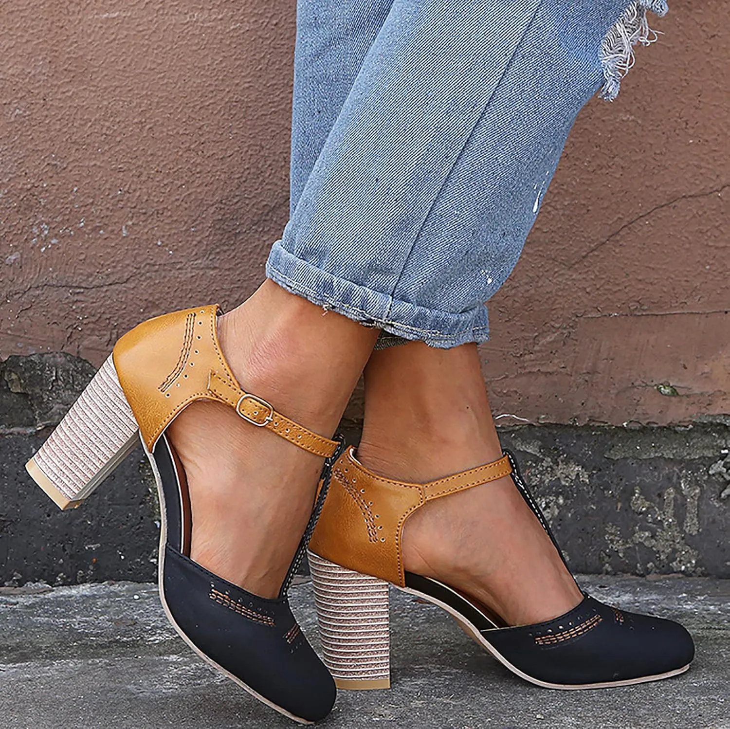 oiangi Chunky Heel Sandals for Women Summer Casual Fashion T Strap Cap Toe Hollow Buckle High-heeled Shoes Trendy Color Block Office Square Heel Sandals