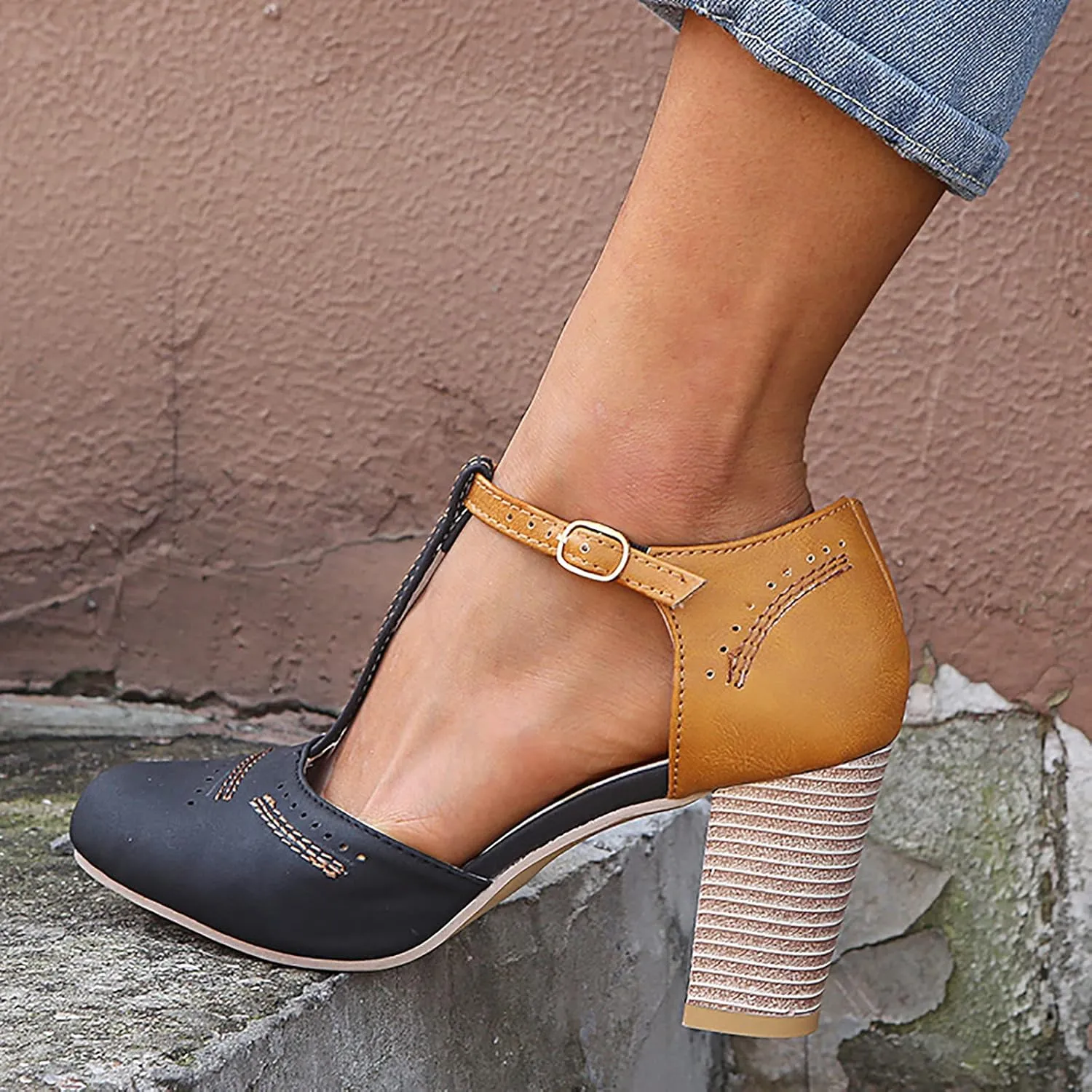 oiangi Chunky Heel Sandals for Women Summer Casual Fashion T Strap Cap Toe Hollow Buckle High-heeled Shoes Trendy Color Block Office Square Heel Sandals