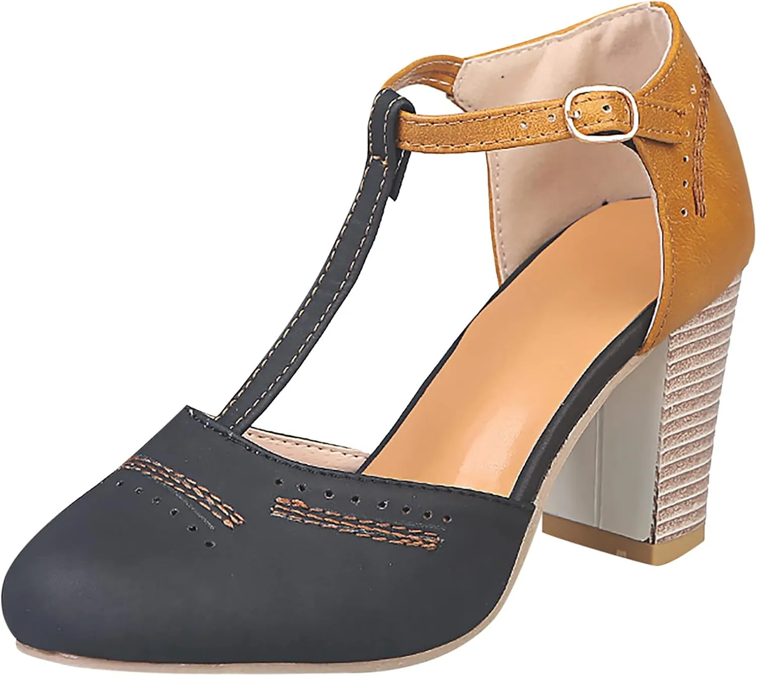 oiangi Chunky Heel Sandals for Women Summer Casual Fashion T Strap Cap Toe Hollow Buckle High-heeled Shoes Trendy Color Block Office Square Heel Sandals