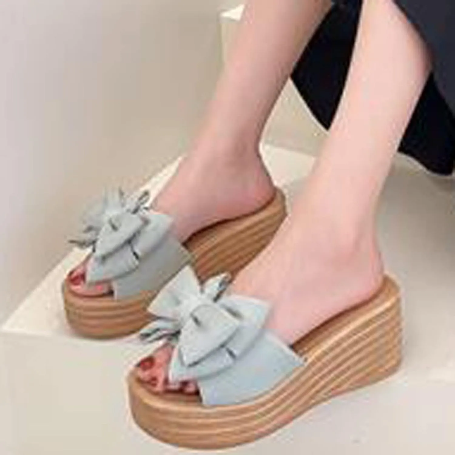 oiangi Sandals for Women Dressy, 2021 Comfy Bow Flats Casual Platform Slope Heels Summer Beach Flip Flops Slippers