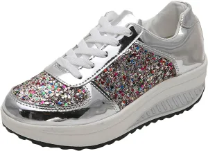 oiangi Sequined Sneakers for Women Fashion Casual Running Walking Gym Sport Shoes Comfortable Lace-up Platform Tennis Shoes