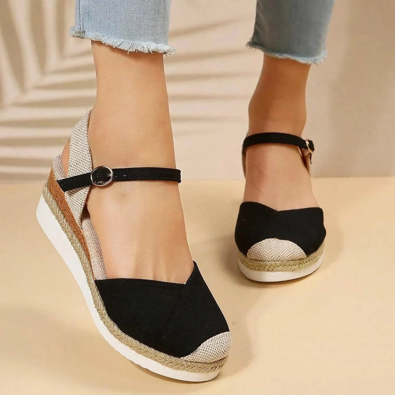 Orthopedic Platform Wedge Sandals for Women Summer Dressy 2023 Flat Open Toe Ankle Strap Espadrilles Sandals Casual Strappy Slip on Sandals Beach Boho Sandals Comfortable Outdoor Shoes (1-Black, 6.5)