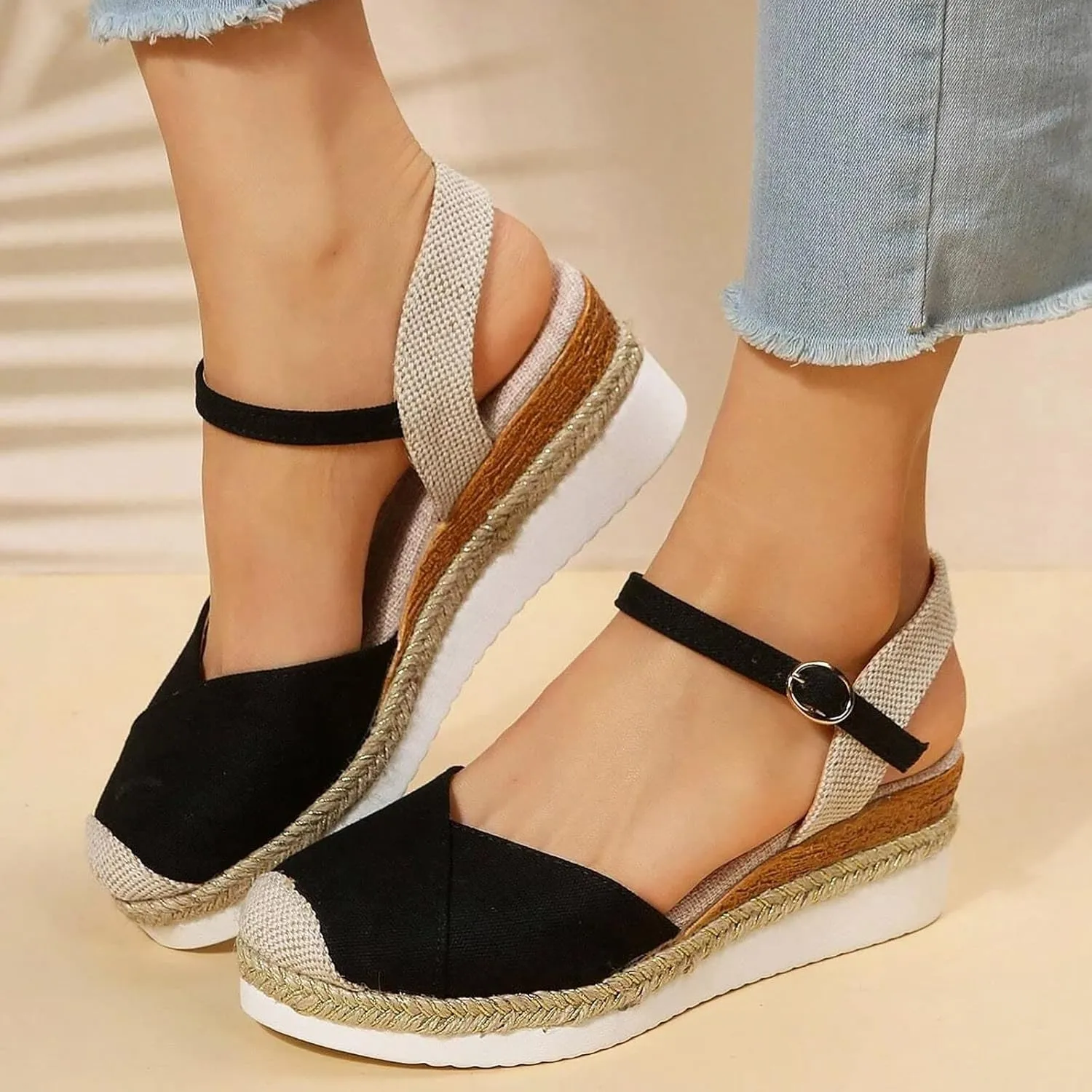 Orthopedic Platform Wedge Sandals for Women Summer Dressy 2023 Flat Open Toe Ankle Strap Espadrilles Sandals Casual Strappy Slip on Sandals Beach Boho Sandals Comfortable Outdoor Shoes (1-Black, 6.5)