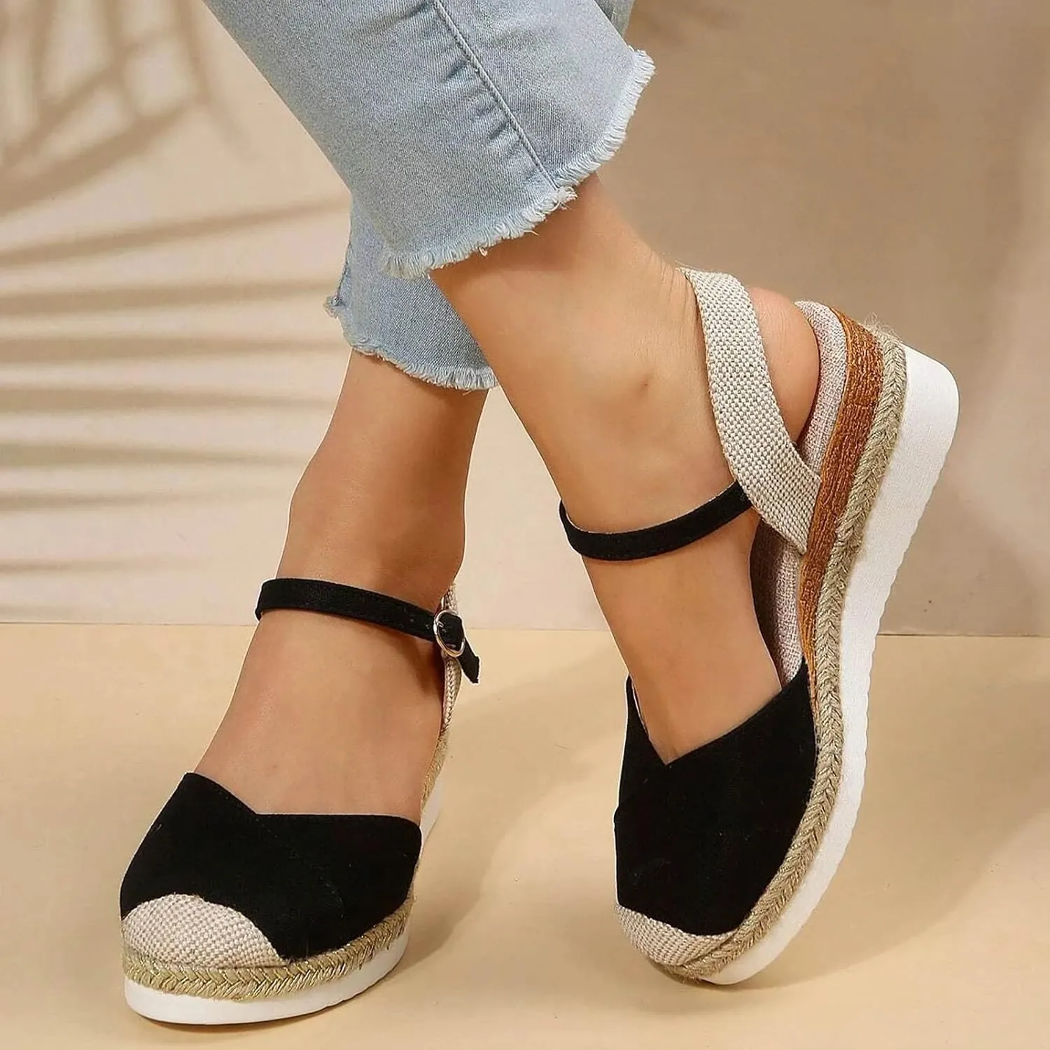Orthopedic Platform Wedge Sandals for Women Summer Dressy 2023 Flat Open Toe Ankle Strap Espadrilles Sandals Casual Strappy Slip on Sandals Beach Boho Sandals Comfortable Outdoor Shoes (1-Black, 6.5)