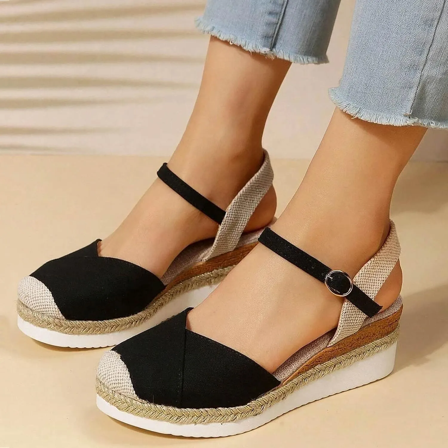 Orthopedic Platform Wedge Sandals for Women Summer Dressy 2023 Flat Open Toe Ankle Strap Espadrilles Sandals Casual Strappy Slip on Sandals Beach Boho Sandals Comfortable Outdoor Shoes (1-Black, 6.5)