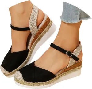 Orthopedic Platform Wedge Sandals for Women Summer Dressy 2023 Flat Open Toe Ankle Strap Espadrilles Sandals Casual Strappy Slip on Sandals Beach Boho Sandals Comfortable Outdoor Shoes (1-Black, 6.5)