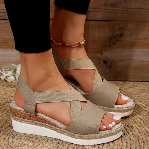 Orthopedic Platform Wedge Sandals for Women Summer Dressy 2023 Flat Open Toe Ankle Strap Espadrilles Sandals Casual Strappy Slip on Sandals Beach Boho Sandals Comfortable Outdoor Shoes (2-Khaki, 6.5)