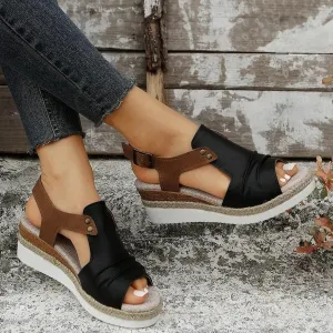 Orthopedic Platform Wedge Sandals for Women Summer Dressy 2023 Flat Open Toe Ankle Strap Espadrilles Sandals Casual Strappy Slip on Sandals Beach Boho Sandals Comfortable Outdoor Shoes (3-Black, 9)