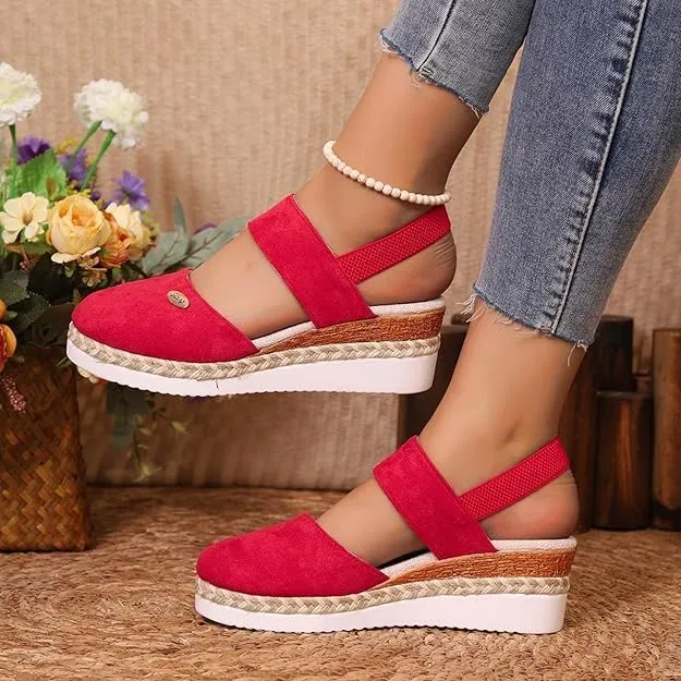 Orthopedic Platform Wedge Sandals for Women Summer Dressy，Elastic Ankle Strap Closed Toe Sandals Anti Slip Beach Sandals Comfortable Outdoor Shoes