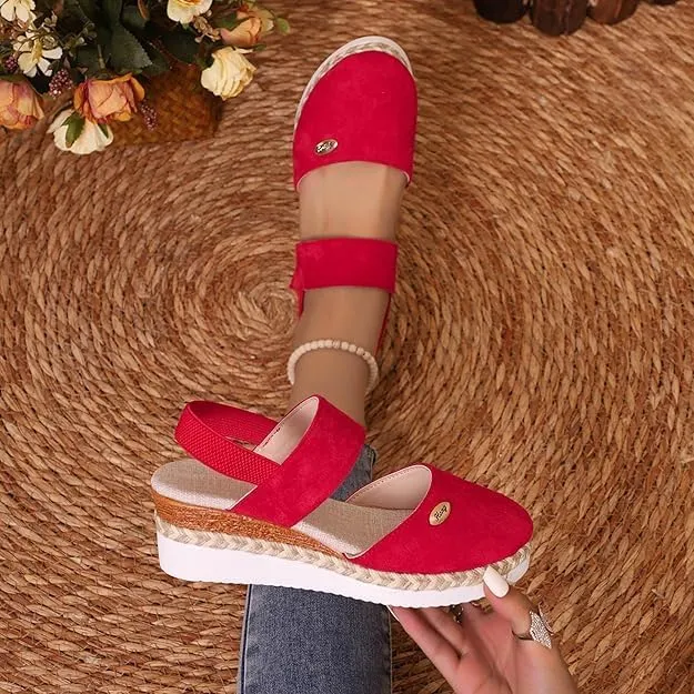 Orthopedic Platform Wedge Sandals for Women Summer Dressy，Elastic Ankle Strap Closed Toe Sandals Anti Slip Beach Sandals Comfortable Outdoor Shoes
