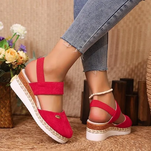 Orthopedic Platform Wedge Sandals for Women Summer Dressy，Elastic Ankle Strap Closed Toe Sandals Anti Slip Beach Sandals Comfortable Outdoor Shoes