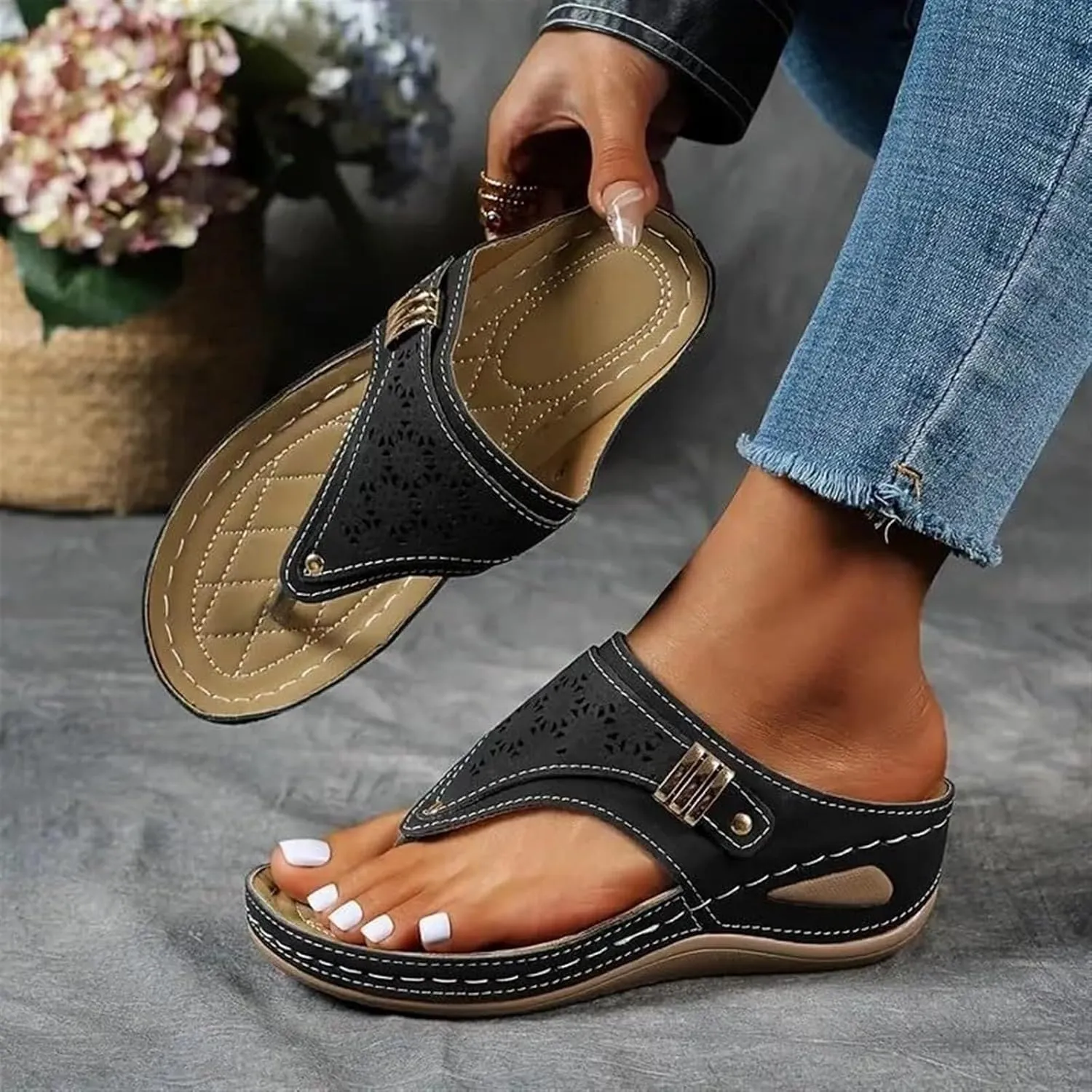 Orthopedic Sandals for Women Arch Support Breathable Dressy Wedge Sandals Comfortable Walking Thong Sandals Hollow Flower Wedge Sandal Dressy Summer Beach Casual Shoes