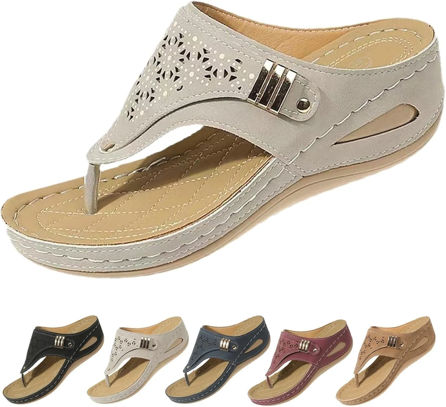 Orthopedic Sandals for Women Arch Support Breathable Dressy Wedge Sandals Comfortable Walking Thong Sandals Hollow Flower Wedge Sandal Dressy Summer Beach Casual Shoes