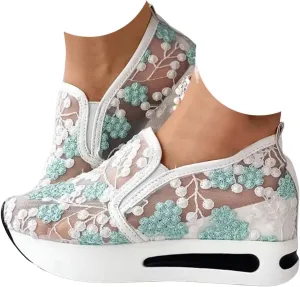 Orthopedic Wedge Sandals for Women 2025 Summer Platform Wedges Sneakers Comfortable Arch Support Breathable Walking Shoe Fashion Embroidery Floral Mesh Air Hidden High Heels Slip On Shoes
