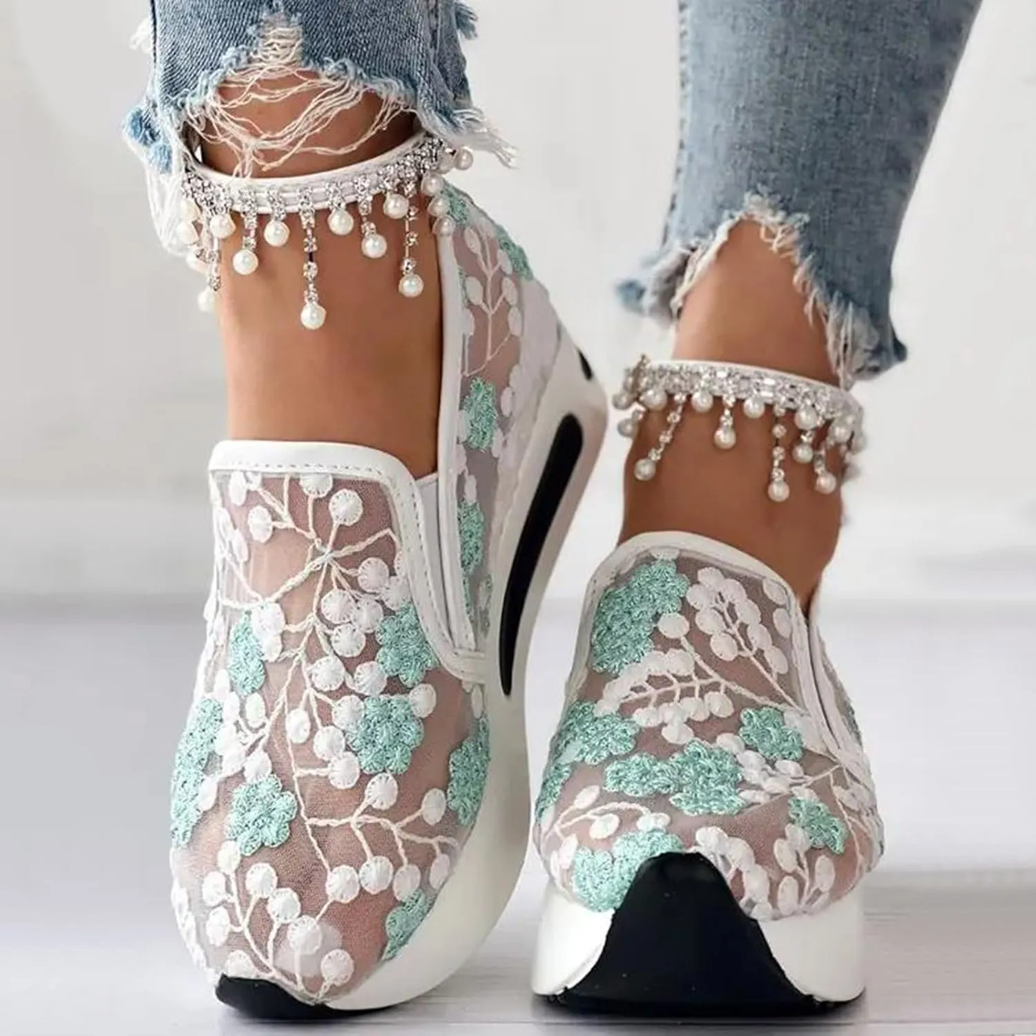 Orthopedic Wedge Sandals for Women 2025 Summer Platform Wedges Sneakers Comfortable Arch Support Breathable Walking Shoe Fashion Embroidery Floral Mesh Air Hidden High Heels Slip On Shoes
