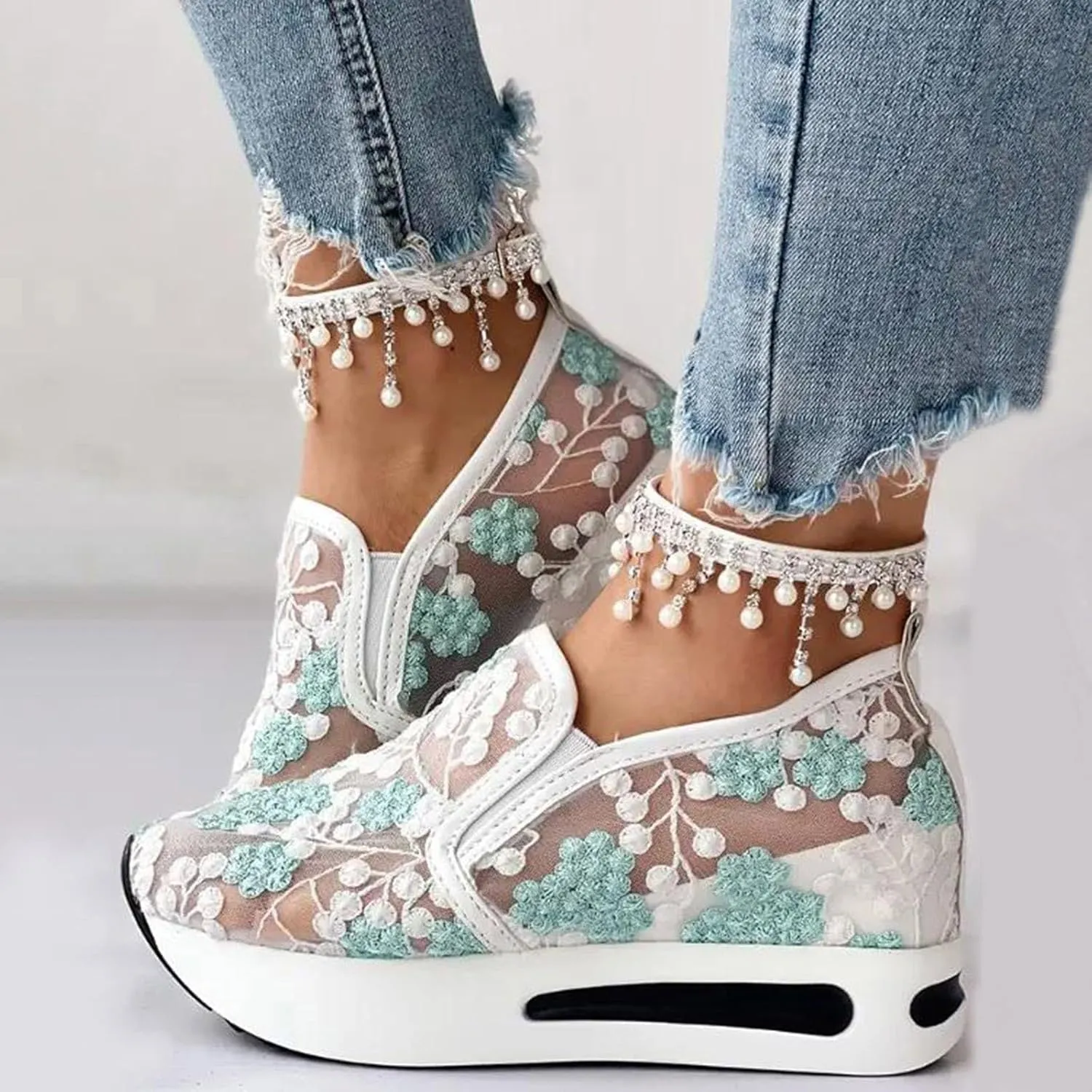 Orthopedic Wedge Sandals for Women 2025 Summer Platform Wedges Sneakers Comfortable Arch Support Breathable Walking Shoe Fashion Embroidery Floral Mesh Air Hidden High Heels Slip On Shoes