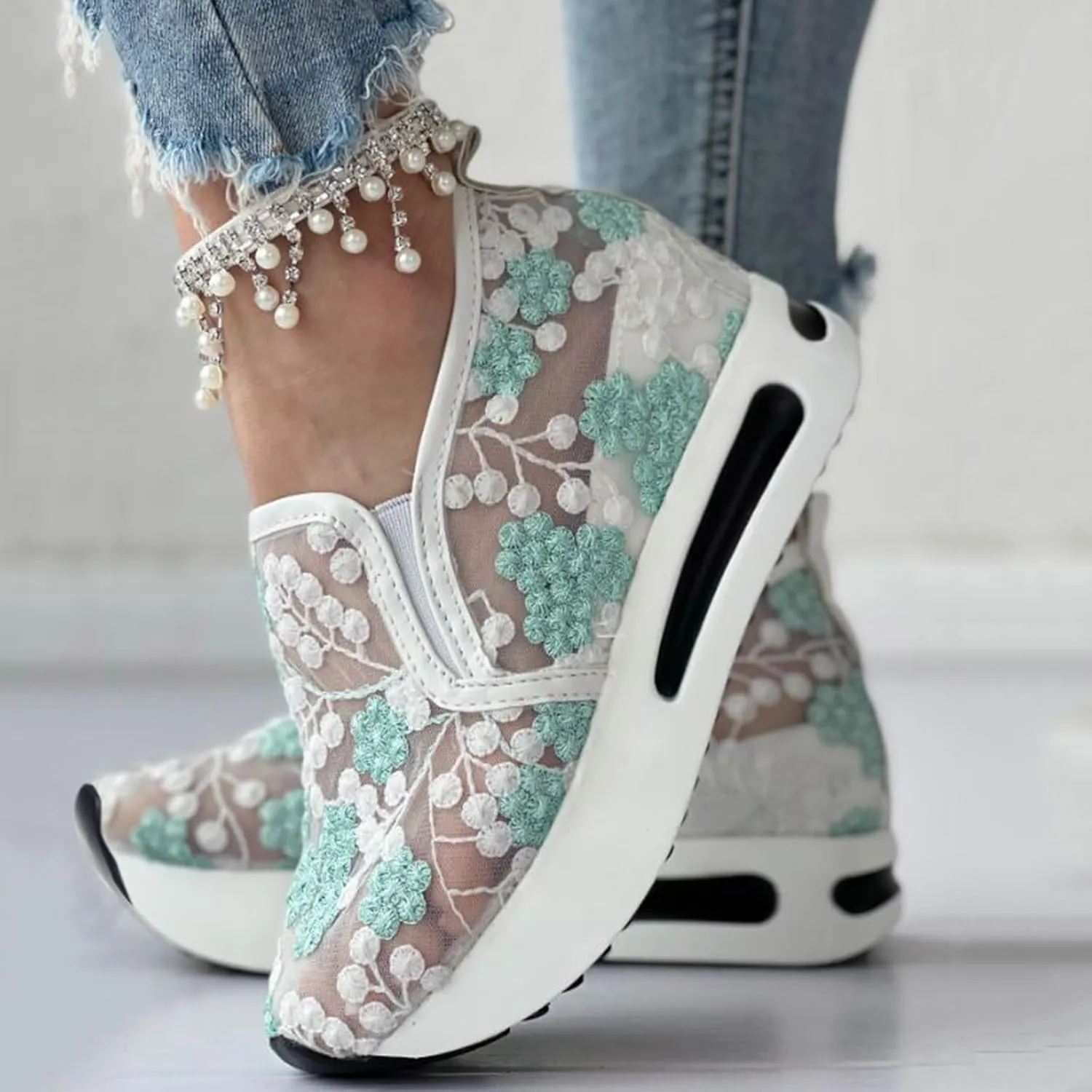 Orthopedic Wedge Sandals for Women 2025 Summer Platform Wedges Sneakers Comfortable Arch Support Breathable Walking Shoe Fashion Embroidery Floral Mesh Air Hidden High Heels Slip On Shoes