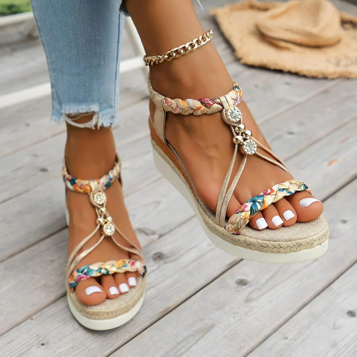 Orthopedic Wedge Sandals for Women Summer Dressy 2025 Womens Low Heels Sandal,Wide Width Platform Comfort Walking Non Slip Casual Beach Ankle Elastic Bohemian Woven Shoes