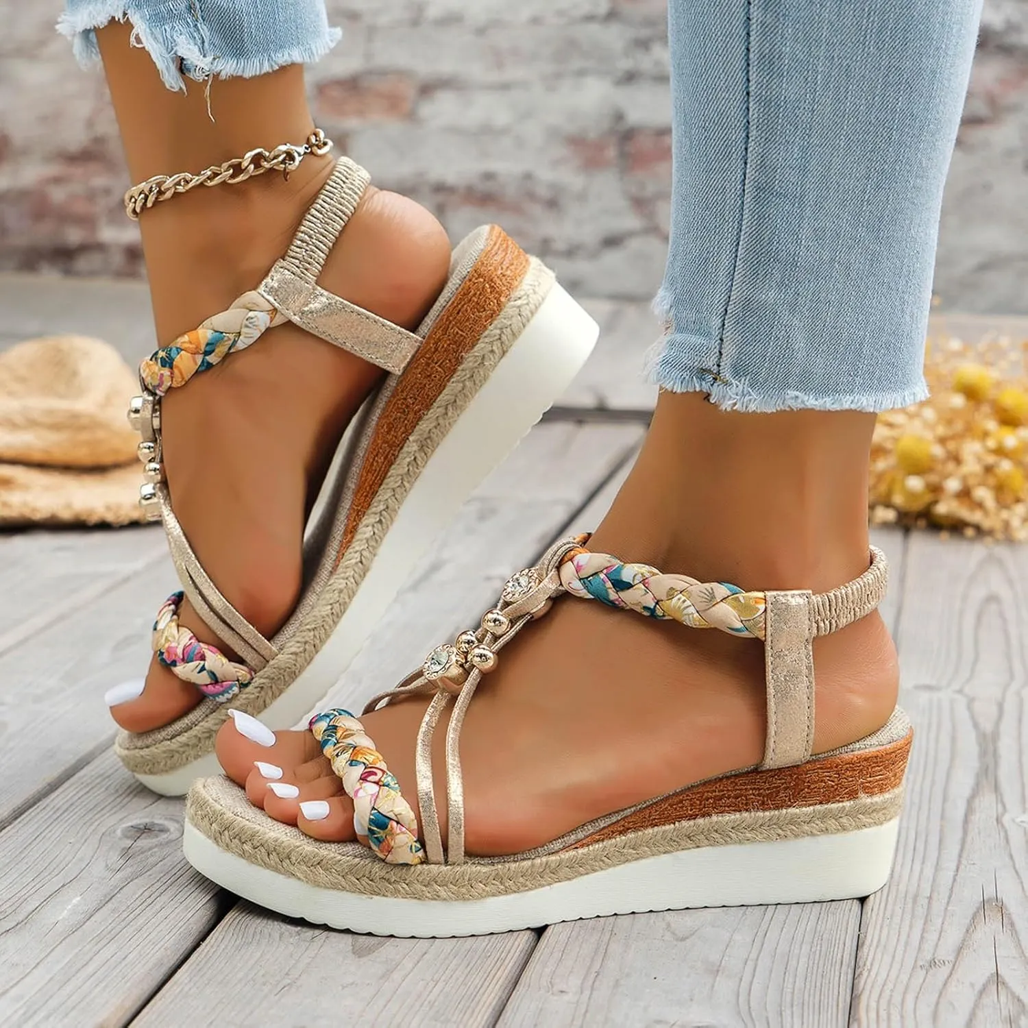 Orthopedic Wedge Sandals for Women Summer Dressy 2025 Womens Low Heels Sandal,Wide Width Platform Comfort Walking Non Slip Casual Beach Ankle Elastic Bohemian Woven Shoes
