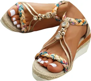 Orthopedic Wedge Sandals for Women Summer Dressy 2025 Womens Low Heels Sandal,Wide Width Platform Comfort Walking Non Slip Casual Beach Ankle Elastic Bohemian Woven Shoes