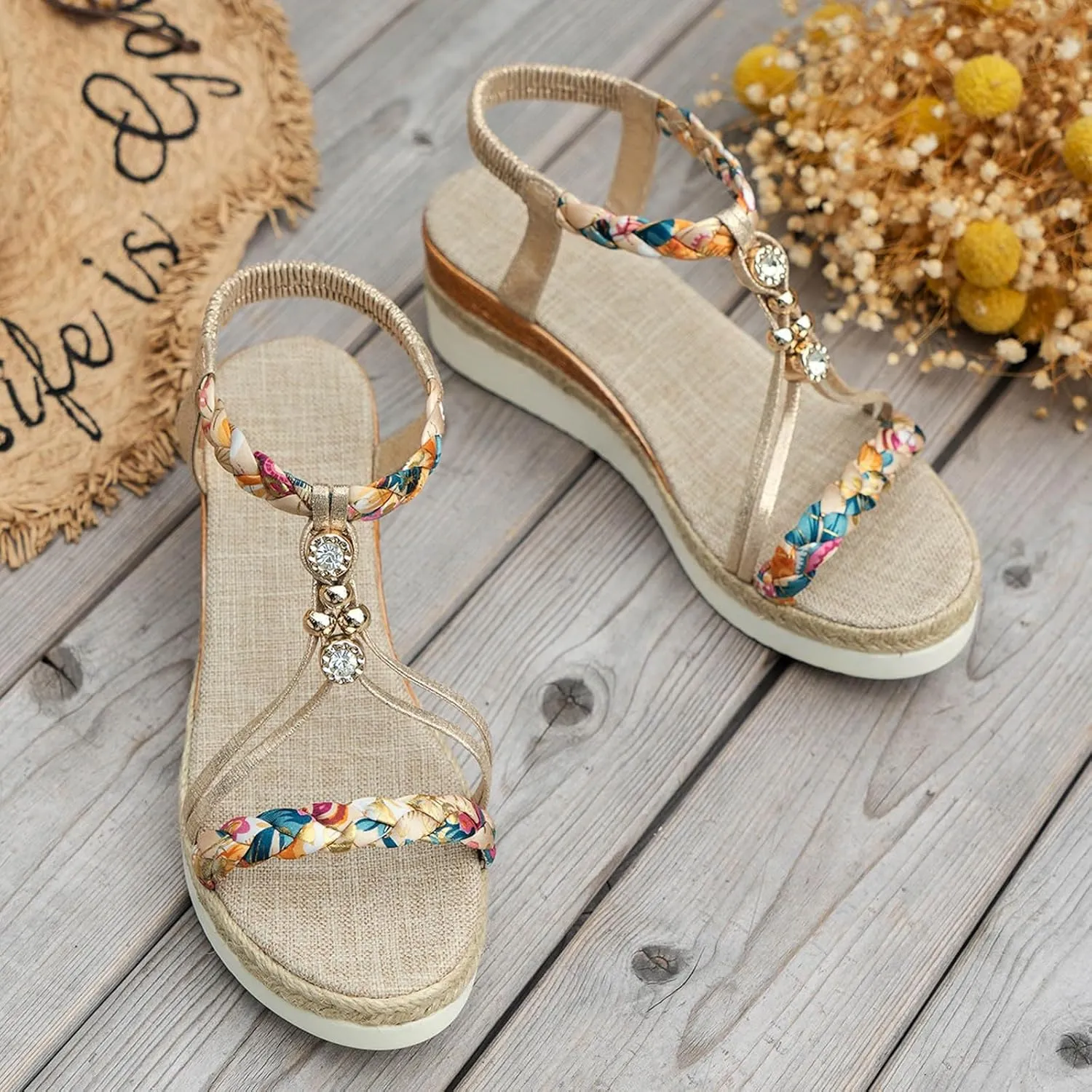 Orthopedic Wedge Sandals for Women Summer Dressy 2025 Womens Low Heels Sandal,Wide Width Platform Comfort Walking Non Slip Casual Beach Ankle Elastic Bohemian Woven Shoes