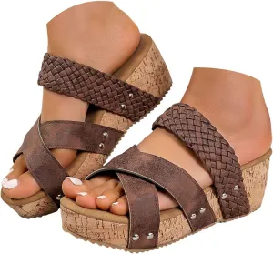 Orthopedic Wedge Sandals for Women, Womens Strappy Platform Slides 2025 Dressy Slip On Mules Wide Width Casual Comfortable Open Toe Summer Shoes High Heels Beach Ladies Wedges Sandals