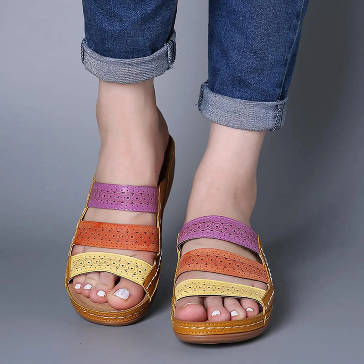 Orthotic Sandals for Women Wide Flip Flops Beach Non Slip Low Wedge Sandal Dressy Summer Heel Arch Support Shoes for Woman Wedge Shoes Slip On Wide Width Women’s Orthopedic Shoe