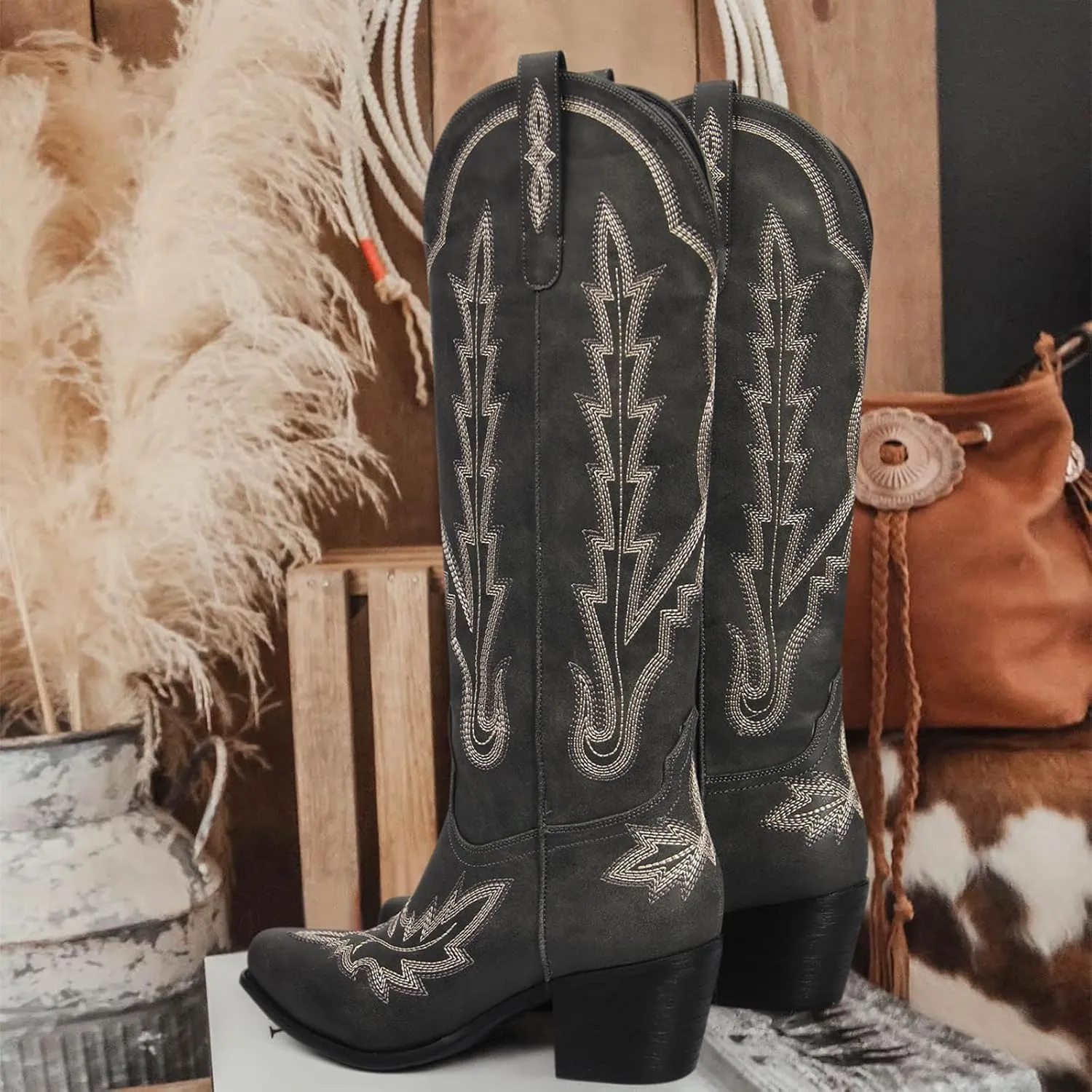 Ouepiano Cowboy Boots for Women Knee High Cowgirl Boots with Classic Embroidered Slip On Pointed Toe Chunky Heel Pull On Fashion Retro Tall Boot