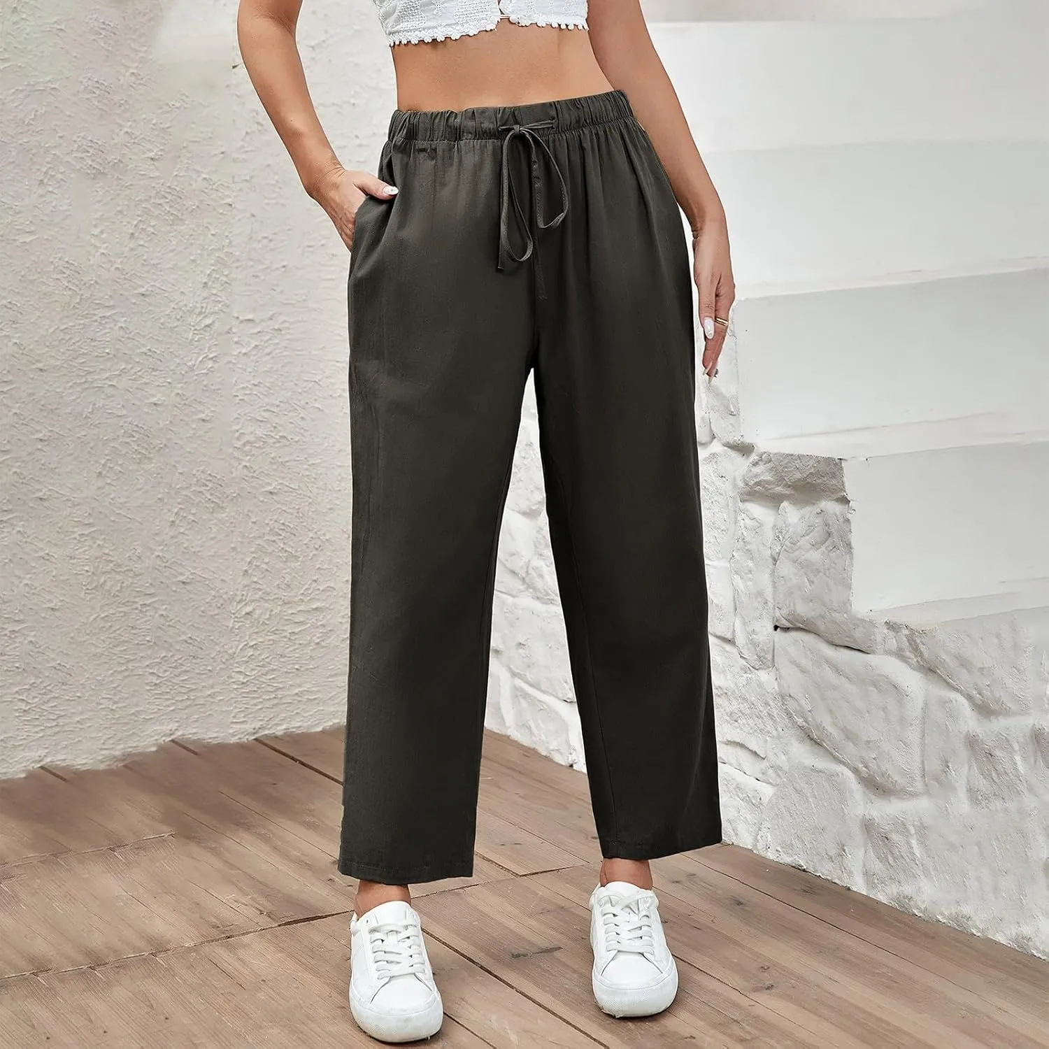 PantalóN De Lino para Mujer Pants Lightweight Elastic Waist Cropped Pants Plus Size Solid Trousers Women's Linen s