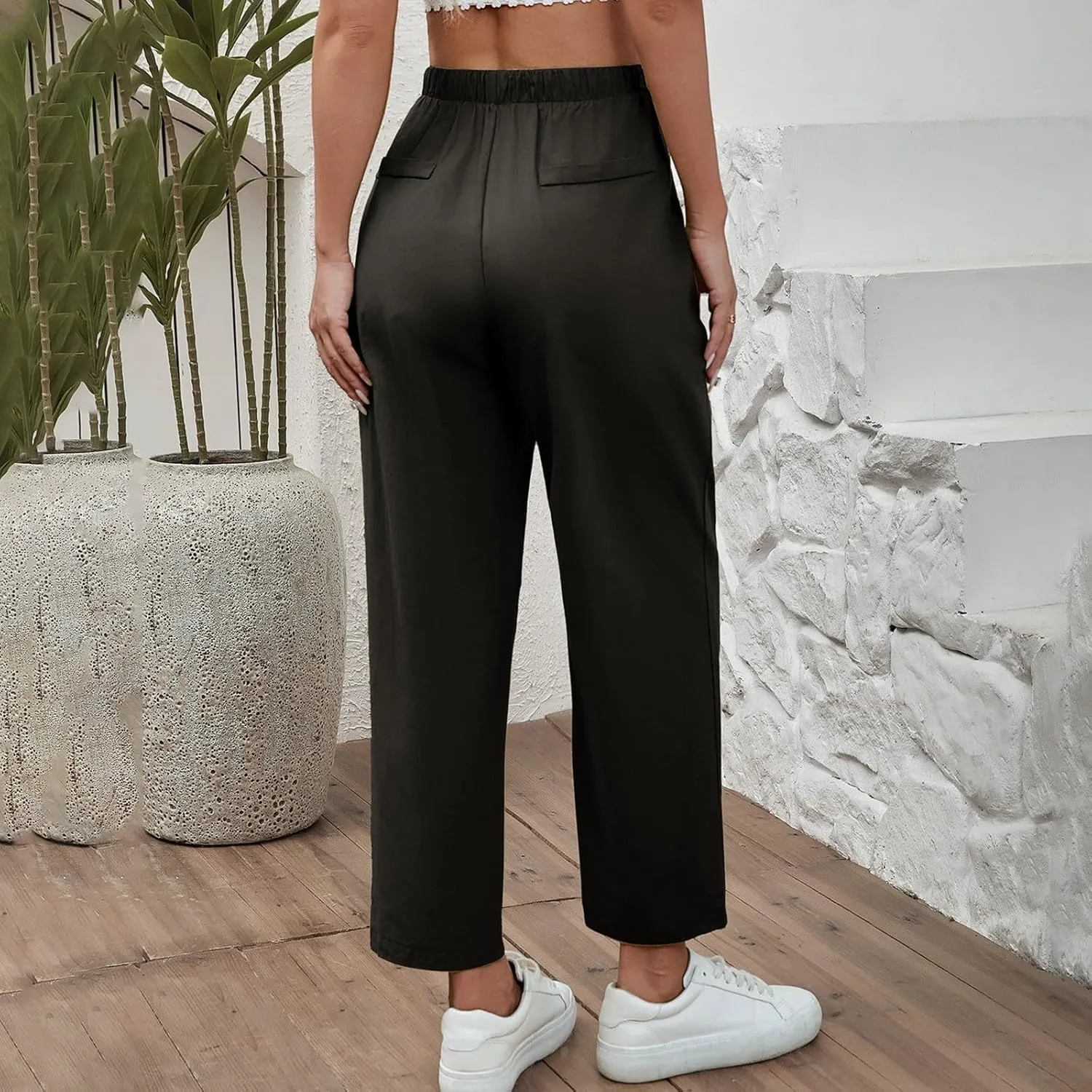 PantalóN De Lino para Mujer Pants Lightweight Elastic Waist Cropped Pants Plus Size Solid Trousers Women's Linen s