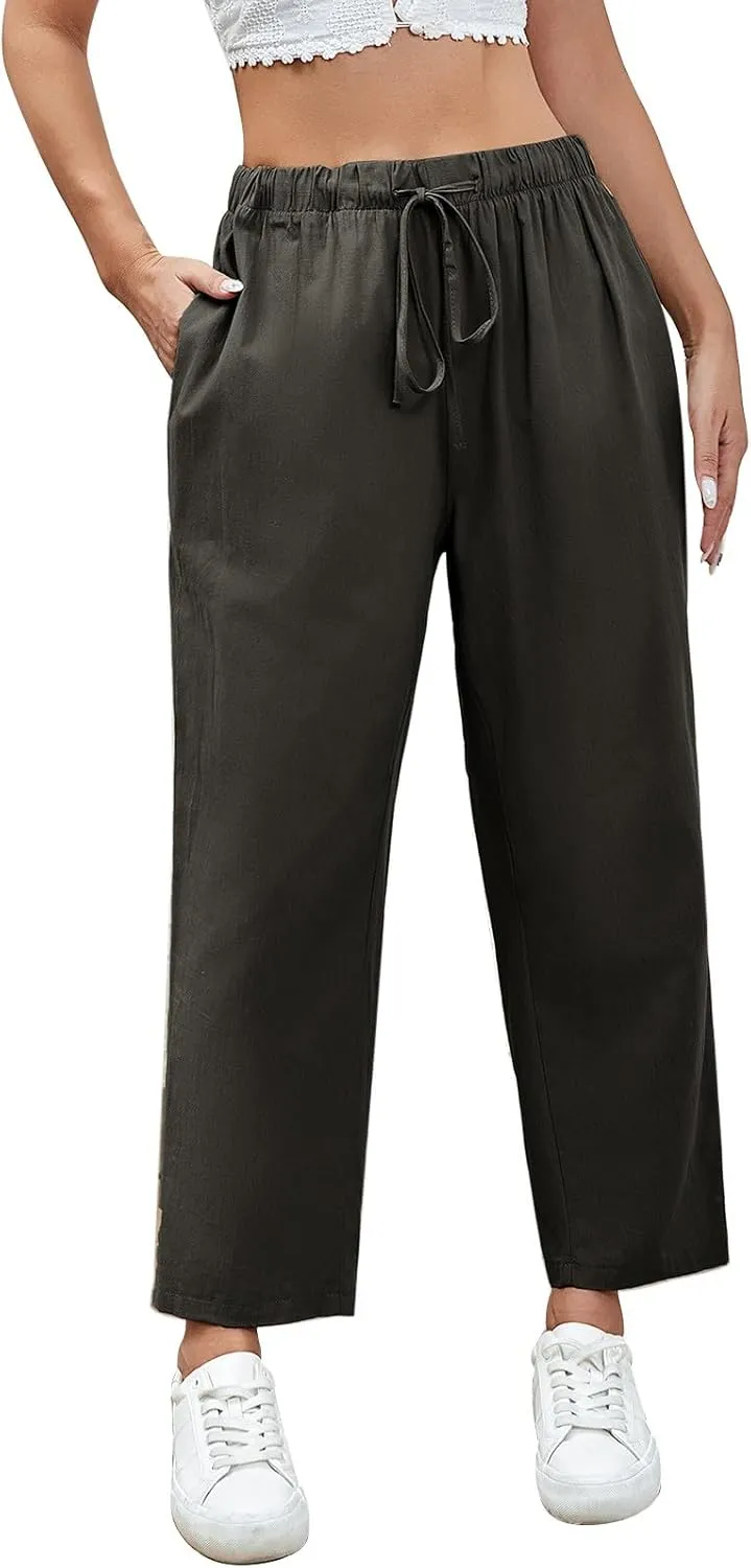 PantalóN De Lino para Mujer Pants Lightweight Elastic Waist Cropped Pants Plus Size Solid Trousers Women's Linen s