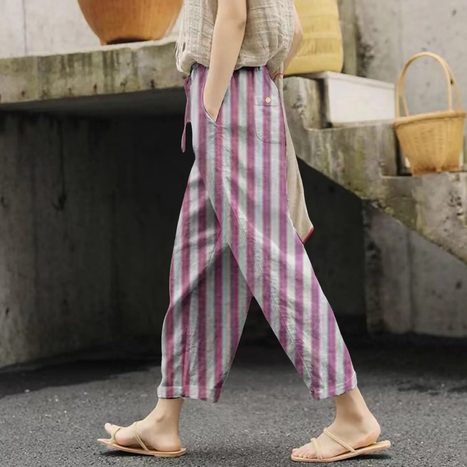 Pantalon De Lino para Mujer Drawstring Pants Linen Blend Pants