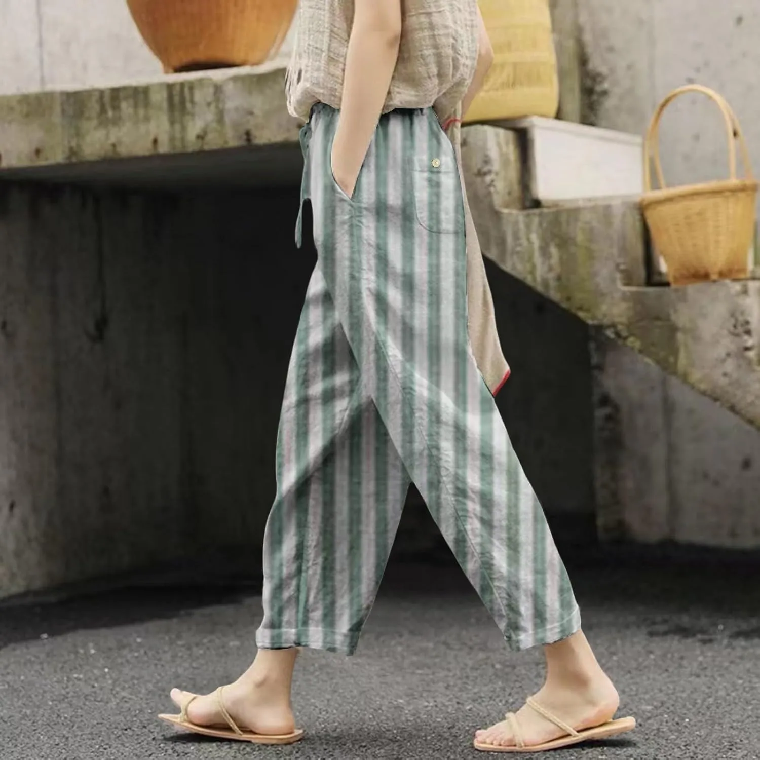 Pantalon De Lino para Mujer Drawstring Pants Linen Blend Pants