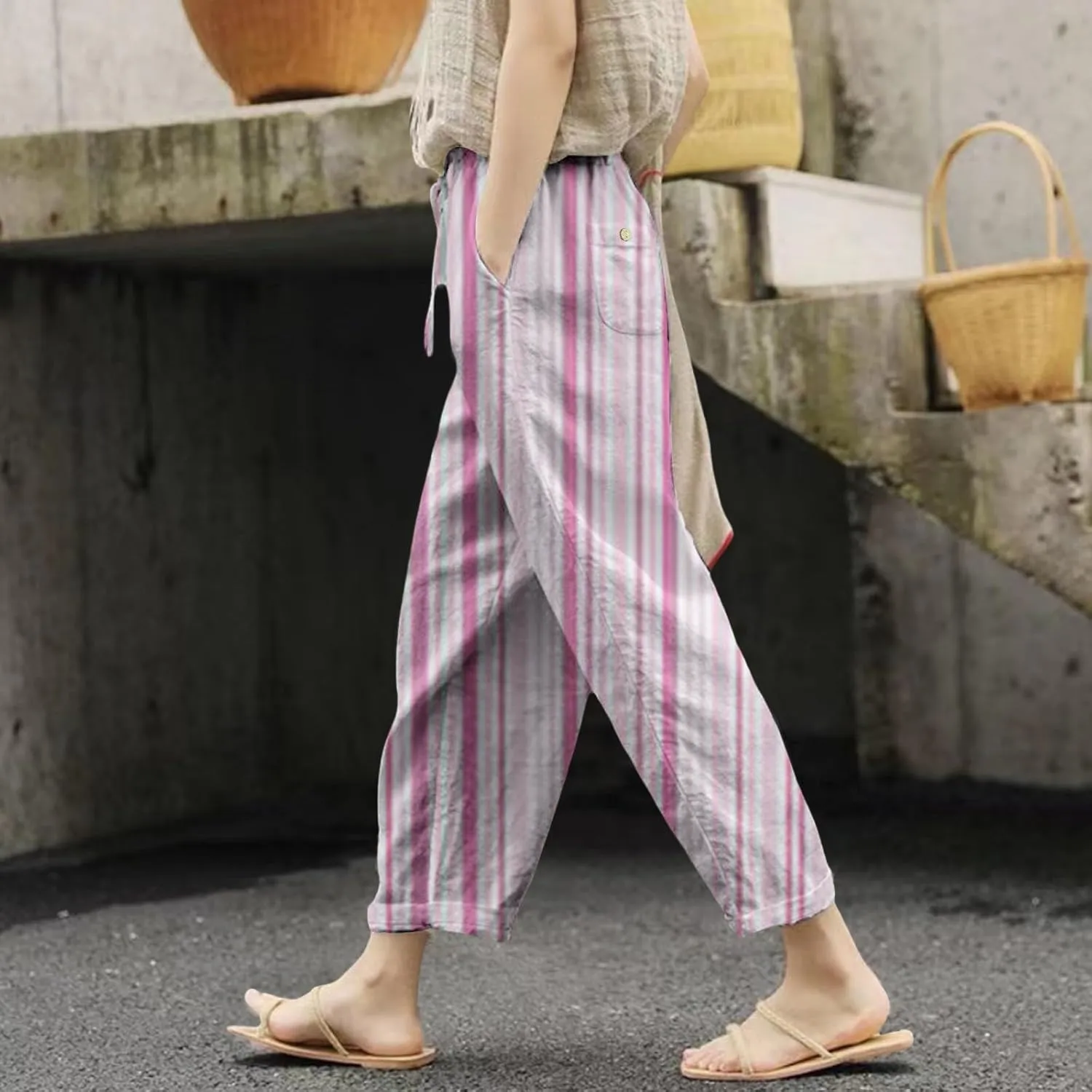 Pantalon De Lino para Mujer Drawstring Pants Linen Blend Pants