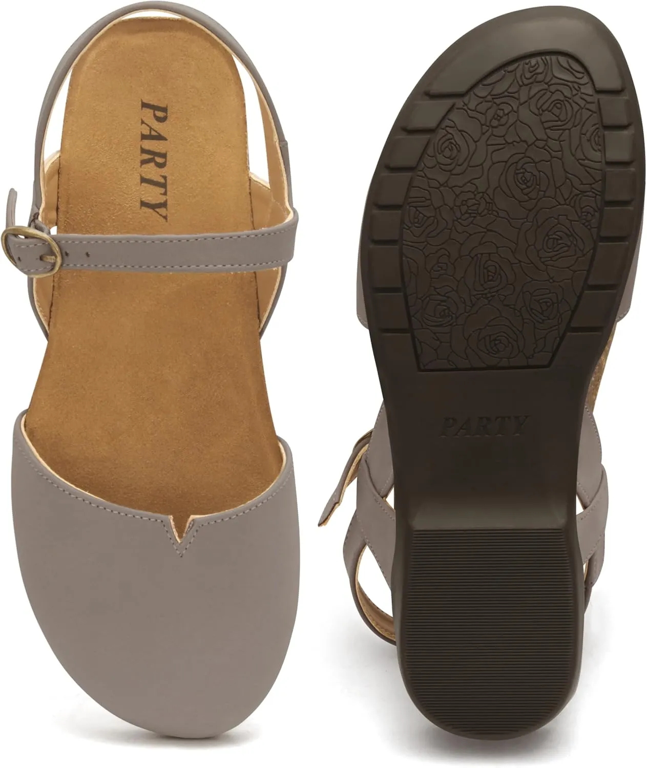 PARTY Closed Toe Sandals Women, Barefoot Arch Support Flat Sandals for Office Work and Travel with Comfortable Cork Footbed
